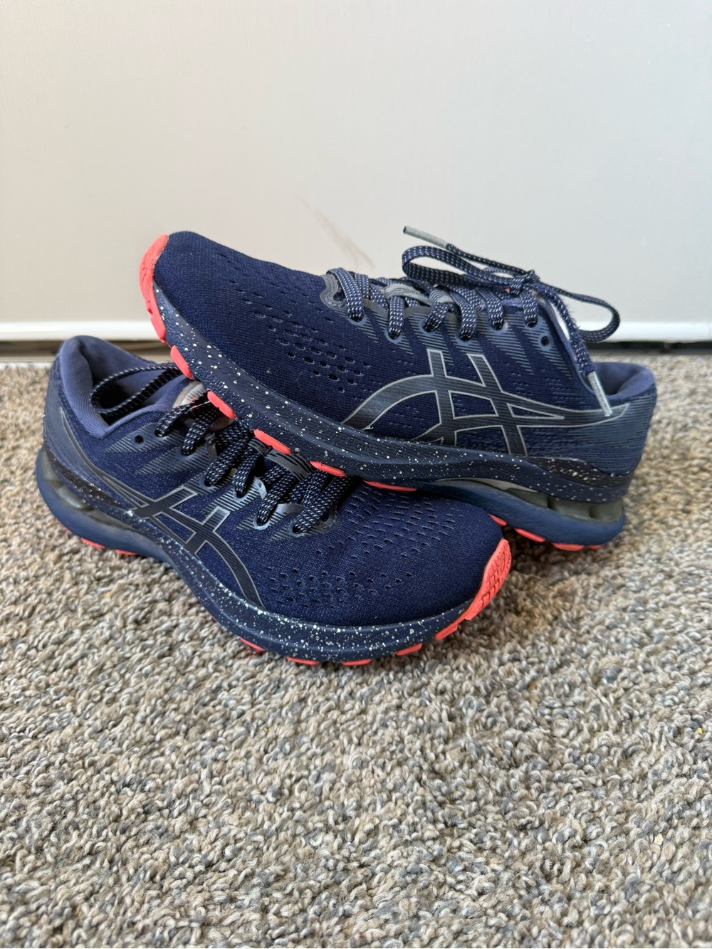 Asics size 6.5 Navy Running Shoes with Coral Accents